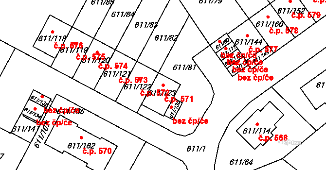 Srubec 571 na parcele st. 611/123 v KÚ Srubec, Katastrální mapa