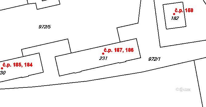 Petrovice 186,187 na parcele st. 231 v KÚ Petrovice u Blanska, Katastrální mapa
