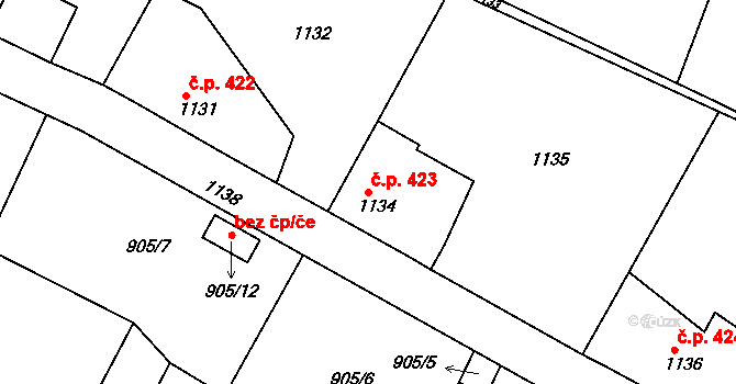 Jemnice 423 na parcele st. 1134 v KÚ Jemnice, Katastrální mapa