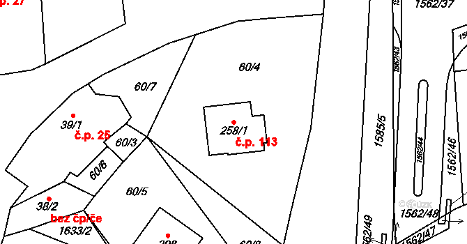 Dolní Lhota 113 na parcele st. 258/1 v KÚ Dolní Lhota u Luhačovic, Katastrální mapa