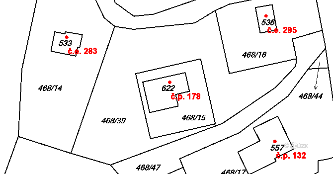 Malé Kyšice 178 na parcele st. 622 v KÚ Malé Kyšice, Katastrální mapa
