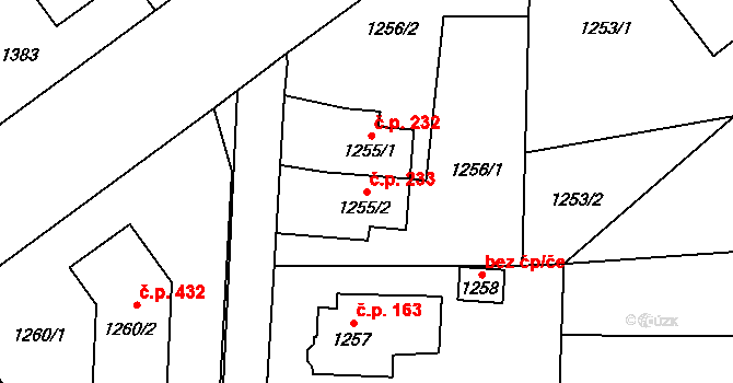 Dolní Žukov 233, Český Těšín na parcele st. 1255/2 v KÚ Dolní Žukov, Katastrální mapa