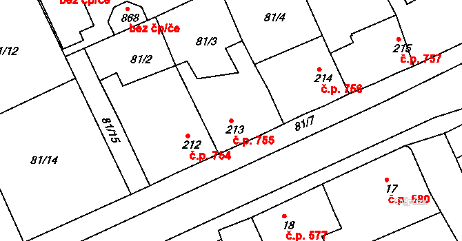 Rudná 755 na parcele st. 213 v KÚ Hořelice, Katastrální mapa