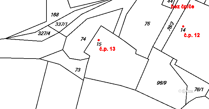 Hrušova Lhota 13, Přehořov na parcele st. 15 v KÚ Hrušova Lhota, Katastrální mapa