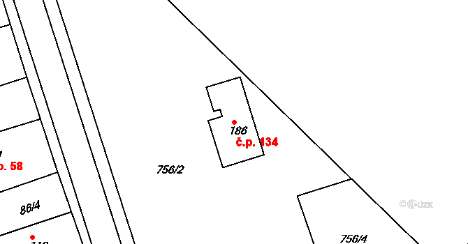 Březina 134 na parcele st. 186 v KÚ Březina u Rokycan, Katastrální mapa