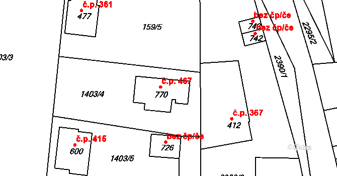 Hudlice 467 na parcele st. 770 v KÚ Hudlice, Katastrální mapa