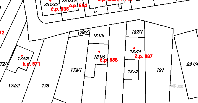 Blučina 658 na parcele st. 181/6 v KÚ Blučina, Katastrální mapa