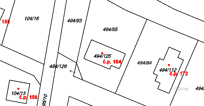 Černotín 184 na parcele st. 494/125 v KÚ Černotín, Katastrální mapa