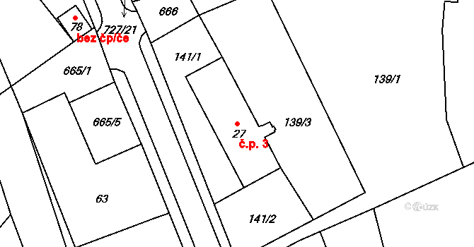 Roveň 3, Rychnov nad Kněžnou na parcele st. 27 v KÚ Roveň u Rychnova nad Kněžnou, Katastrální mapa