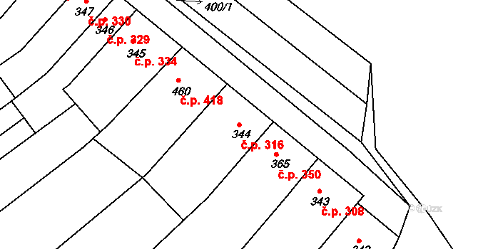 Vranovice 316 na parcele st. 344 v KÚ Vranovice nad Svratkou, Katastrální mapa