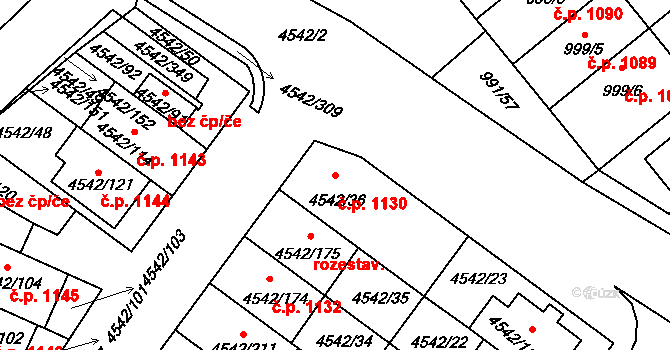 Hustopeče 1130 na parcele st. 4542/36 v KÚ Hustopeče u Brna, Katastrální mapa