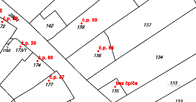 Tetětice 54, Počenice-Tetětice na parcele st. 136 v KÚ Tetětice, Katastrální mapa