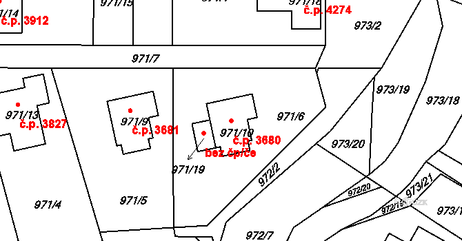 Rýnovice 3680, Jablonec nad Nisou na parcele st. 971/10 v KÚ Rýnovice, Katastrální mapa