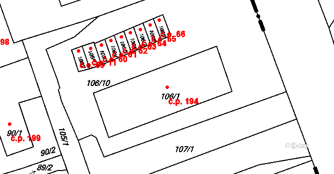 Antonínův Důl 194, Jihlava na parcele st. 106/1 v KÚ Antonínův Důl, Katastrální mapa