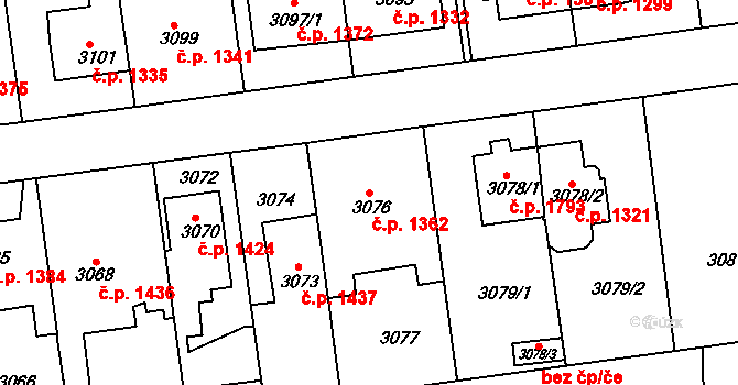 Roztoky 1362 na parcele st. 3076 v KÚ Žalov, Katastrální mapa