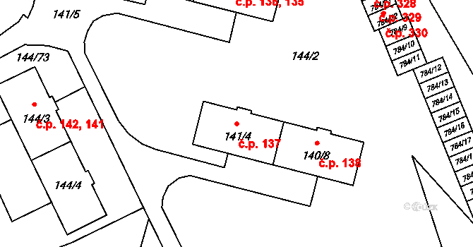 Provodín 137 na parcele st. 141/4 v KÚ Provodín, Katastrální mapa