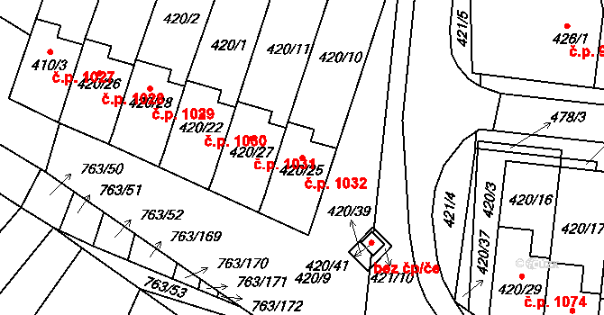 Ratíškovice 1032 na parcele st. 420/25 v KÚ Ratíškovice, Katastrální mapa