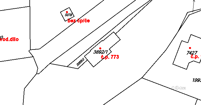 Stařečka 773, Třebíč na parcele st. 3892/1 v KÚ Třebíč, Katastrální mapa