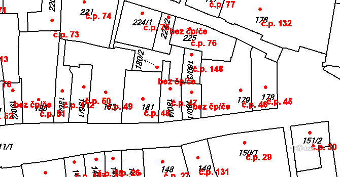 Zámostí 47, Třebíč na parcele st. 180/4 v KÚ Podklášteří, Katastrální mapa