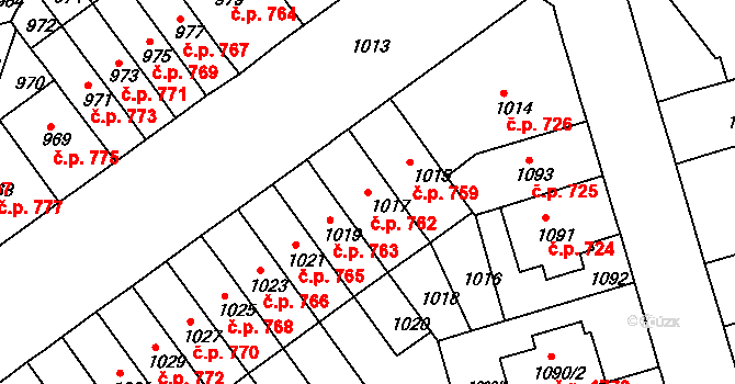 Černá Pole 762, Brno na parcele st. 1017 v KÚ Černá Pole, Katastrální mapa