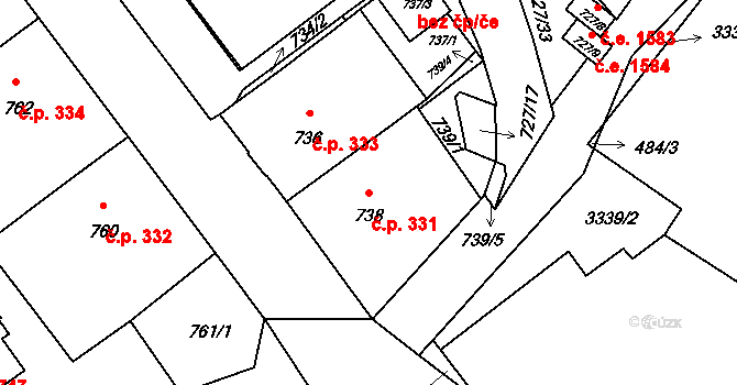 Pelhřimov 331 na parcele st. 738 v KÚ Pelhřimov, Katastrální mapa