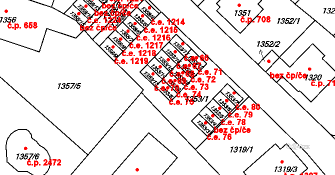 Pelhřimov 75 na parcele st. 1353/8 v KÚ Pelhřimov, Katastrální mapa
