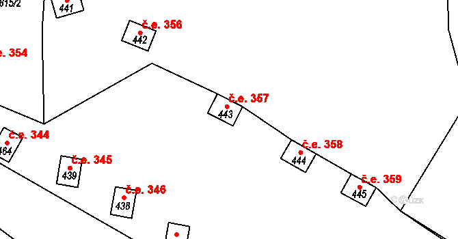 Dřenice 357, Cheb na parcele st. 443 v KÚ Dřenice u Chebu, Katastrální mapa