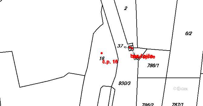 Ostřetice 16 na parcele st. 16 v KÚ Ostřetice, Katastrální mapa