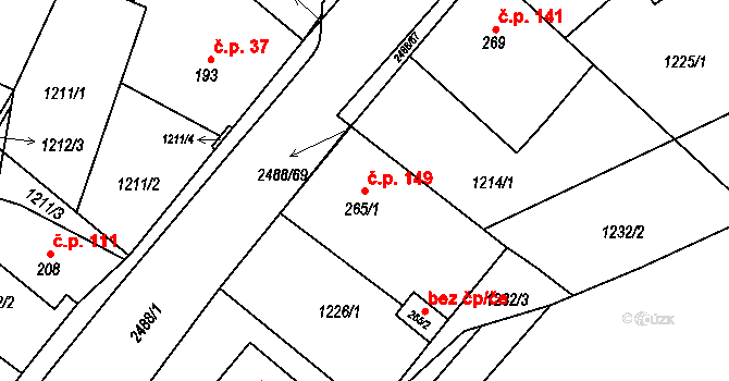 Leskovec 149 na parcele st. 265/1 v KÚ Leskovec, Katastrální mapa