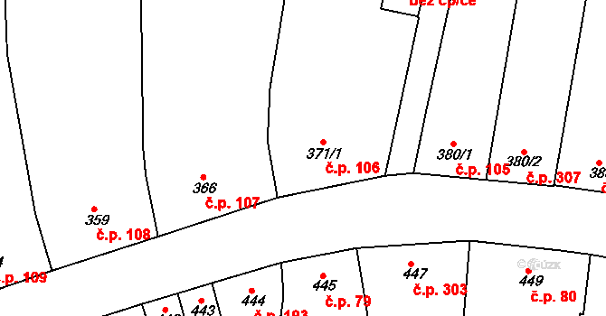 Blučina 106 na parcele st. 371/1 v KÚ Blučina, Katastrální mapa