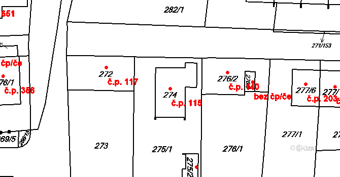 Červený Hrádek 115, Plzeň na parcele st. 274 v KÚ Červený Hrádek u Plzně, Katastrální mapa