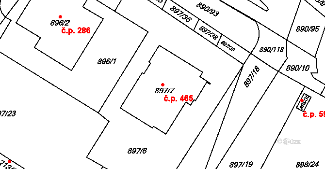Křimice 465, Plzeň na parcele st. 897/7 v KÚ Křimice, Katastrální mapa