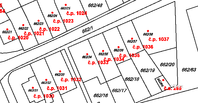 Oslavany 1034 na parcele st. 662/35 v KÚ Oslavany, Katastrální mapa