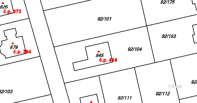 Nučice 414 na parcele st. 845 v KÚ Nučice u Rudné, Katastrální mapa