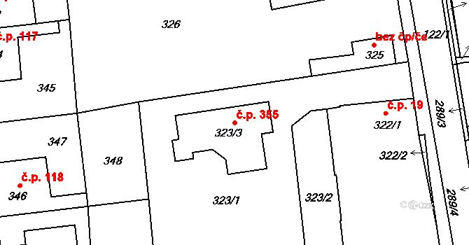 Šeberov 355, Praha na parcele st. 323/3 v KÚ Šeberov, Katastrální mapa