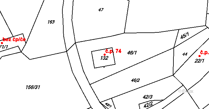 Skrýšov 74, Pelhřimov na parcele st. 132 v KÚ Skrýšov u Pelhřimova, Katastrální mapa