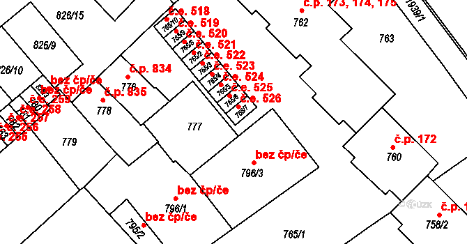 Bučovice 526 na parcele st. 765/7 v KÚ Bučovice, Katastrální mapa