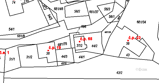 Ubušín 65, Jimramov na parcele st. 37/2 v KÚ Ubušín, Katastrální mapa