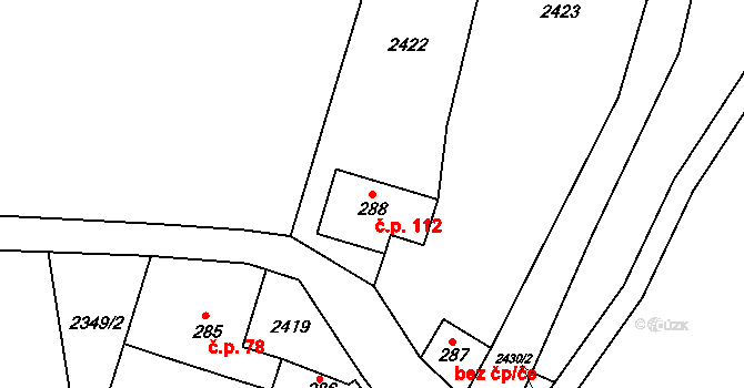 Lutonina 112 na parcele st. 288 v KÚ Lutonina, Katastrální mapa