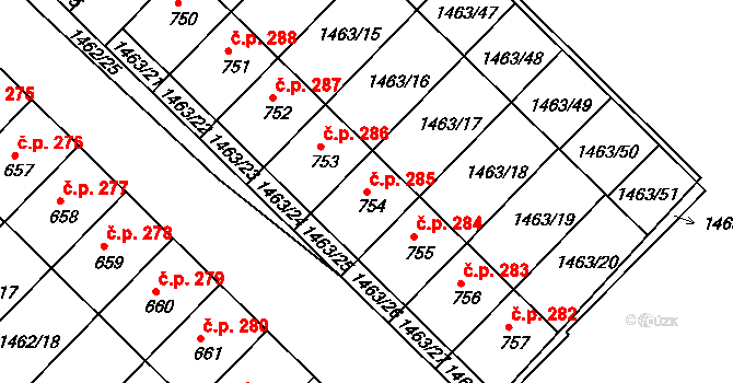 Pozlovice 285 na parcele st. 754 v KÚ Pozlovice, Katastrální mapa