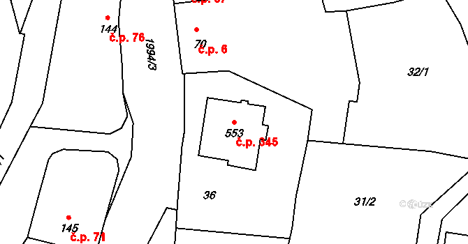 Louky 345, Zlín na parcele st. 553 v KÚ Louky nad Dřevnicí, Katastrální mapa