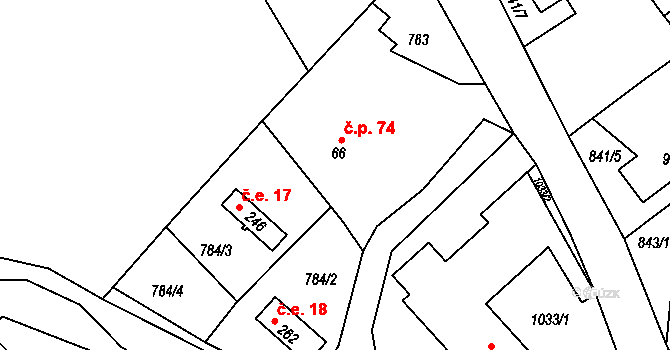 Zálužné 74, Vítkov na parcele st. 66 v KÚ Nové Těchanovice, Katastrální mapa