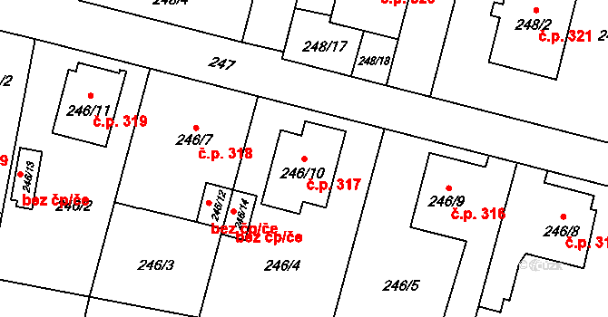 Velké Hoštice 317 na parcele st. 246/10 v KÚ Velké Hoštice, Katastrální mapa