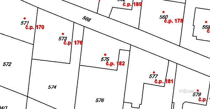 Suché Lazce 182, Opava na parcele st. 575 v KÚ Suché Lazce, Katastrální mapa