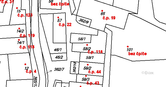 Hroubovice 116 na parcele st. 58/2 v KÚ Hroubovice, Katastrální mapa