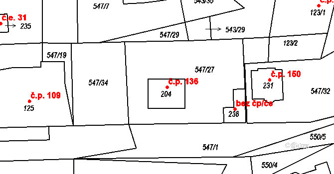 Nekmíř 136 na parcele st. 204 v KÚ Nekmíř, Katastrální mapa