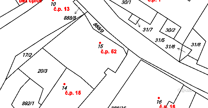 Mokrosuky 52 na parcele st. 15 v KÚ Mokrosuky, Katastrální mapa