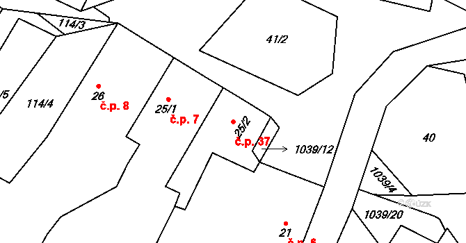 Hluboká 37, Žihle na parcele st. 25/2 v KÚ Hluboká u Žihle, Katastrální mapa