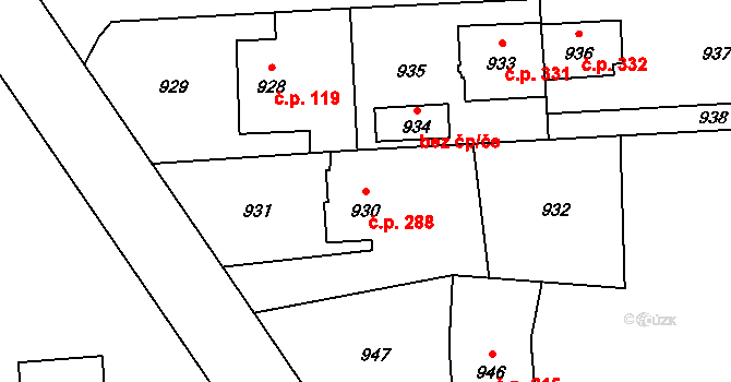Postřelmov 288 na parcele st. 930 v KÚ Postřelmov, Katastrální mapa