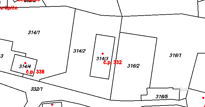 Jaroslavice 332, Zlín na parcele st. 314/3 v KÚ Jaroslavice u Zlína, Katastrální mapa